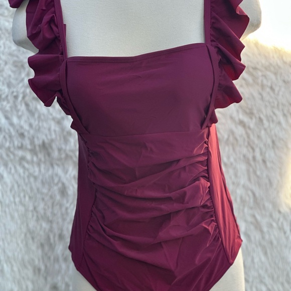 Ruffled Burgundy One-Piece Swimsuit New UPF 50t - Picture 1 of 5